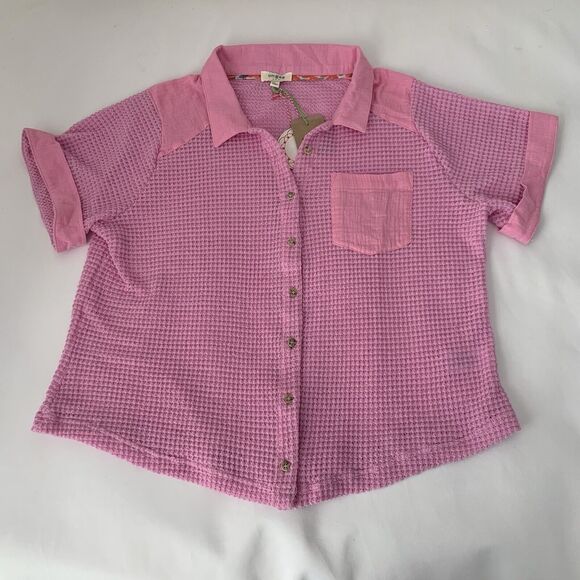 NWT Umgee Shirt Women L Pink Sheer Waffle Knit Boxy Camp Lagenlook Boho Gypsy - Picture 2 of 7